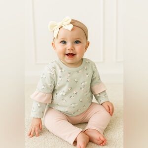 Shabby Chic Little Girls English Garden Outfit and Headband Set - 12/18M